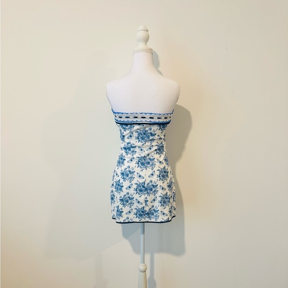 Blue Floral Corset Mini Dress Y2K Toile Strapless Bow Style 💙 - Picture 7 of 9